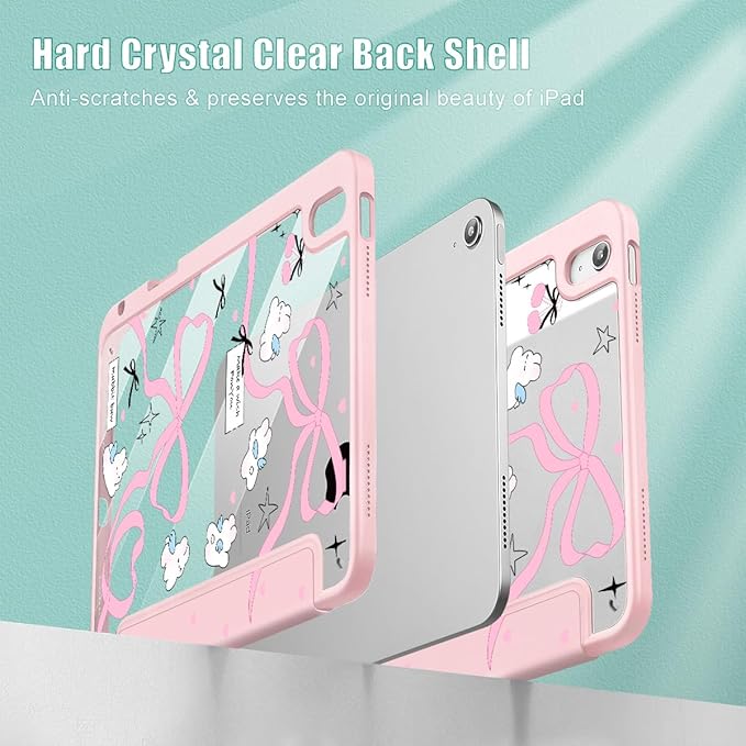 Mektron for 11th Generation iPad 11-inch A16 chip 2025 Cover with Pencil Holder Fit 10th Generation iPad 10.9-inch A14 chip 2022 Shockproof Clear Shell Pink Bows-Rabbits