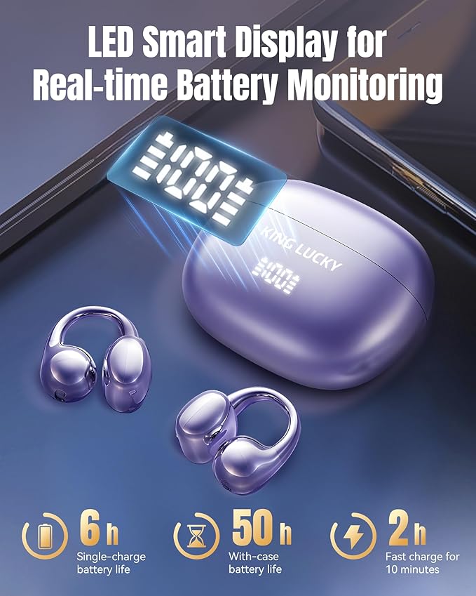King Lucky Clip-On Earbuds Gen 3 Open-Ear Wireless Bluetooth 6.0 Headphones with Mic Secure Fit for Small Ears &amp Glasses Wearers 50H Playtime LED Digital Display ENC IPX5 Waterproof (Purple)