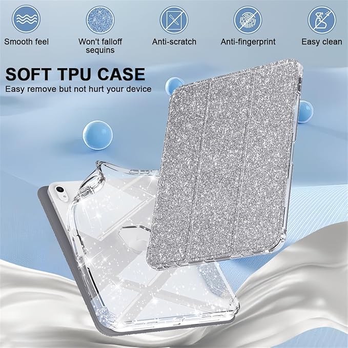 Case for iPad (A16) 11th Generation 11 inch 2025 &amp iPad 10th Generation 10.9 inch 2022 with Stand/Pencil Holder [Auto Wake/Sleep] Glitter Bling PU Leather &amp Clear Soft TPU Back Shell Silver