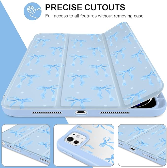 MecBevia Case for iPad Pro 11 inch M5 2025 / M4 2024 (6th/5th Gen) A3357 A3358 A3359 A2836 A2837 A3006 – Built-in Pencil Holder &amp Auto Wake/Sleep Blue Ribbon Coquette