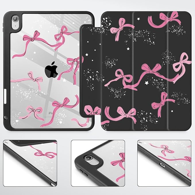 Tuiklol Case for iPad 11 inch (A16 Chip) 2025 Generation 11th / iPad 10.9 inch 2022 10th Gen Buit in Pencil Holder with Shockproof Cover Clear Transparent Back Shell Auto Wake/Sleep Bow