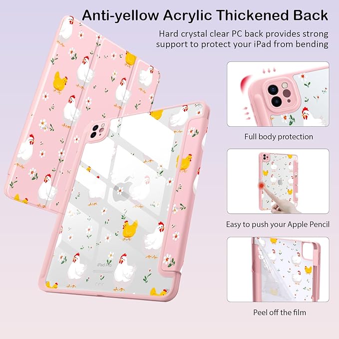 Cute Kawaii Chicken Flower for iPad Air 11 Inch Case 7th/6th Generation (M3/M2) 2025/2024 with Pencil Holder Auto Sleep/Wake Pink Leather Clear Acrylic Back Cover