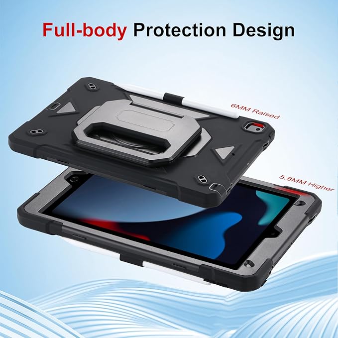Case for iPad 9th Generation (2021) /iPad 8th Gen (2020)/iPad 7th Gen (2019) Military Grade Shockproof iPad Case Built-in 360°Rotating Stand/Pen Slot/Shoulder Strap for iPad 10.2 (Black)