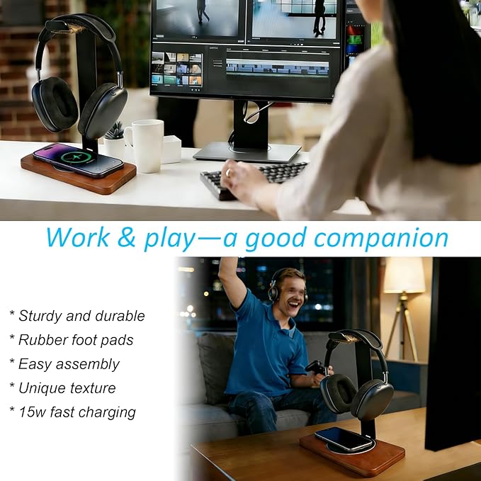 Handmade Solid Wood 2-in-1 Headset Stand with Wireless Charger 15W Max FastWireless Charging Dock Compatible with iPhone 17/16/15/14 /Samsung SeriesUniversal Holder for All Desk Headphones