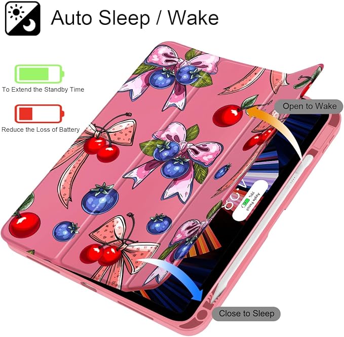 Tuiklol for 2025 iPad (A16 Chip) 11th Generation 11 inch/iPad 10th Generation 10.9 inch 2022 Case Buit in Pencil Holder with Clear Back Shell Cover Trifold Stand Auto Wake/SleepBerries Ribbons