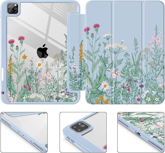 May Chen for iPad Pro 11 inch M2 4th Generation 2022 iPad Pro 11 3rd/2nd/1st Gen Case with Transparent Shockproof Back Cover [Built-in Pencil Holder Auto Sleep/Wake Herbs Flowers