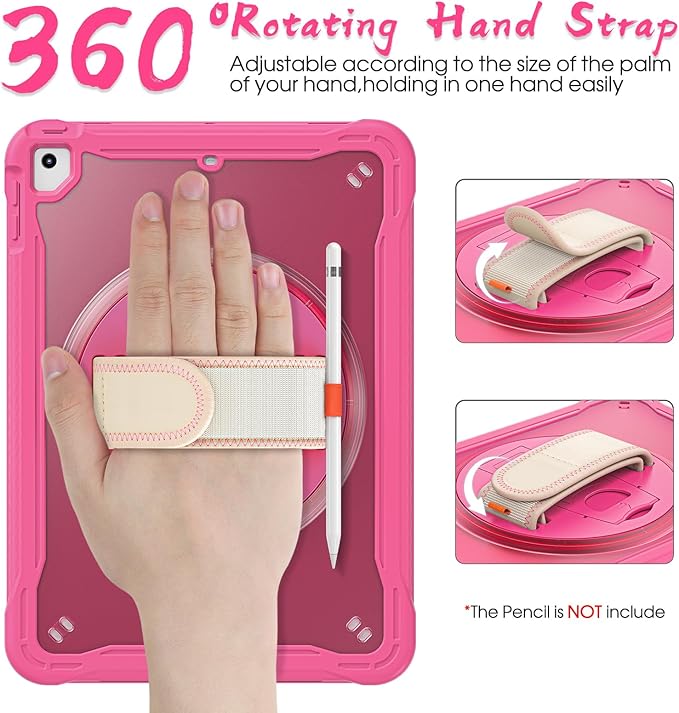 BRAECNstock Case for iPad 6th/5th Generation 9.7 inch 2018/2017ipad Air 2nd Generation &amp Pro 9.7 inch Cover for Kids with Pencil HolderScreen Protector360°Rotating Hand Strap&ampKickstand-Rose