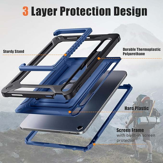 Akkerds for iPad A16 case 11th Generation 11 Inch 2025 - for iPad 10th Generation case 10.9 Inch 2022 with Pencil Holder - Screen Protector and Kickstand - Heavy Duty Rugged Protective Cover - Blue