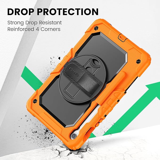 SEYMAC Case for Samsung Galaxy Tab S10 Lite/ S10 FE/ S9 FE/ S9 5G (10.9''/11'') Heavy Duty Shockproof Protective Case with Screen Protector Rotating Stand Hand Strap and Pen Holder Orange