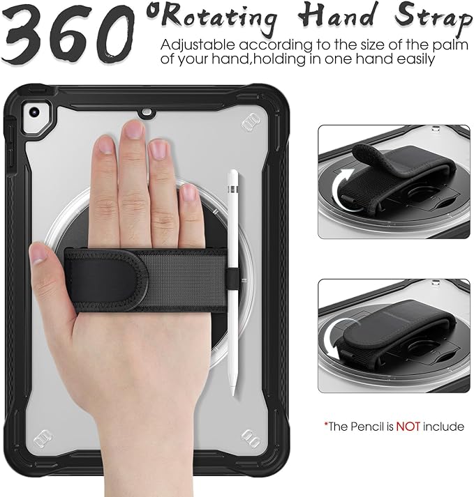 BRAECNstock Case for iPad 6th/5th Generation 9.7 inch 2018/2017ipad Air 2nd Generation &amp Pro 9.7 inch Cover for Kids with Pencil HolderScreen Protector360°Rotating Hand Strap&ampKickstand-Blac