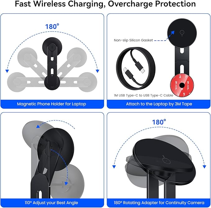 Laptop Phone Holder Magnetic Phone Stand 15W Fast Wireless Charger for MagSafe for iPhone 17/16/15/14/13/12 &amp All Phones for Tesla (Black)