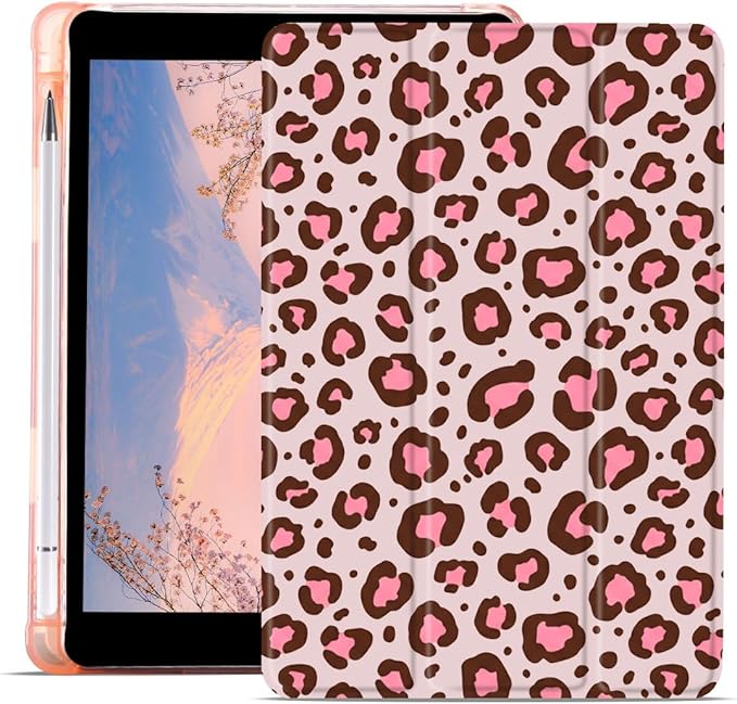 Pink Leopard Print Case for iPad Pro 13 Inch M5 2025/M4 2024 Cute Animals Design Leather Protective Case Foldable Soft Back Cover with Pencil Holder
