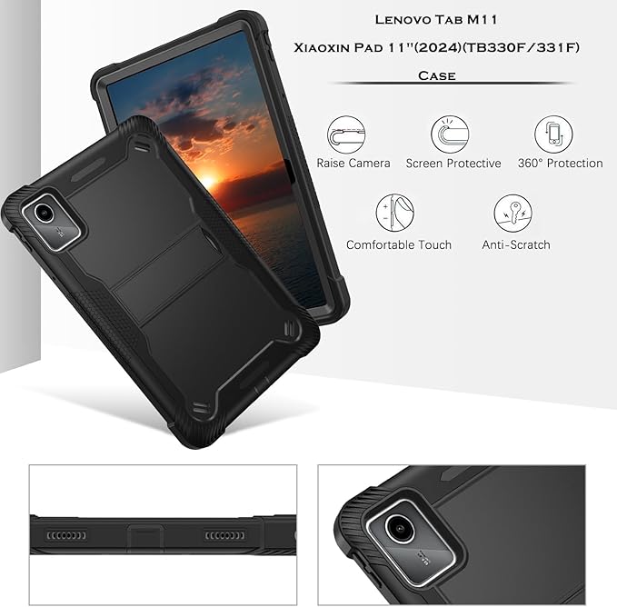 YINLAI for Lenovo Tab M11 Case 11-inch 2024 (TB-330FU) with Kickstand 3 in 1 Hybrid Men Women Kids Heavy Duty Shockproof Protective Tablet Hard Back Cover for Lenovo Tab M11 Black