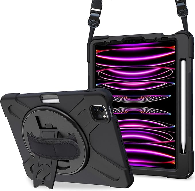 ProCase for iPad Pro 12.9 Inch Case 2022 2021 2020 2018 Rugged Heavy Duty Shockproof Cover with Hand Strap Shoulder Strap for iPad Pro 12.9 6th 5th 4th 3rd Generation –Black