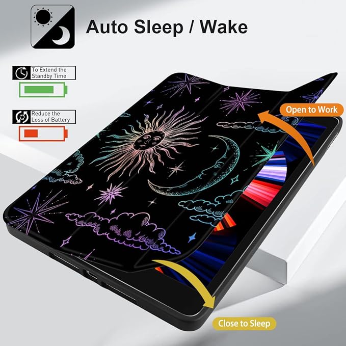 DONGKE Case Compatible with iPad 10.2 Inch 2021 2020 2019 iPad 9th/8th/7th Generation with Pencil Holder Slim Stand Protective Case with Soft TPU Back Auto Sleep/Wake Cover Sun &amp Moon