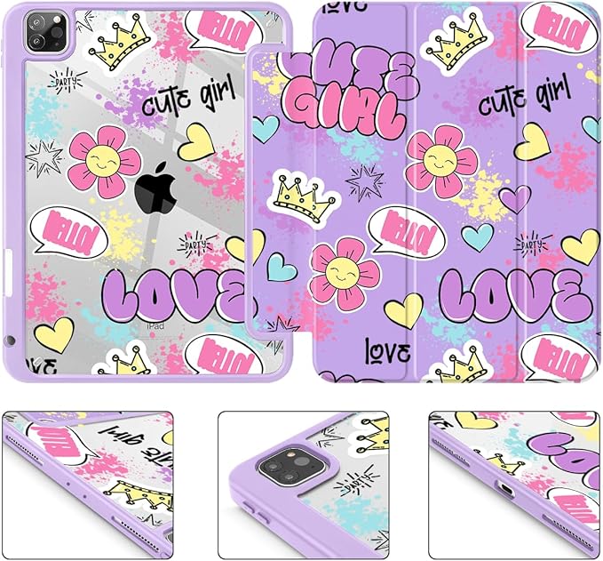 May Chen for iPad Pro 11 inch M2 4th Generation 2022 iPad Pro 11 3rd/2nd/1st Gen Built-in Pencil Holder with Shockproof Cover Clear Transparent Back Shell Auto Wake/Sleep Cute Girl Pattern