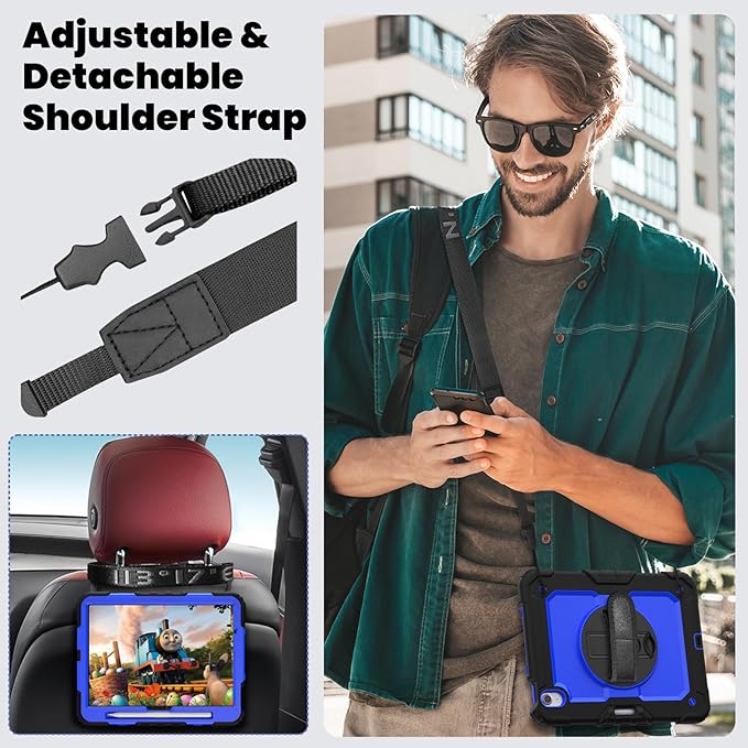 for iPad Air 11-Inch Case M3/M2 (2025/2024) Shockproof Case for iPad Air 7th/6th Generation 11 Inch with Screen Protector/Pencil Holder/Kickstand [Hand &amp Shoulder Strap]Black+Blue