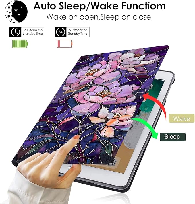 Compatible with iPad Air 13 inch Case (M3 2025 /M2 2024)/12.9 inch Case (6th/5th/4th/3rd 2022/2021/2020/2018) with Pencil HolderAuto Wake/Sleep Protect CoverStained Glass Flower Floral Purple