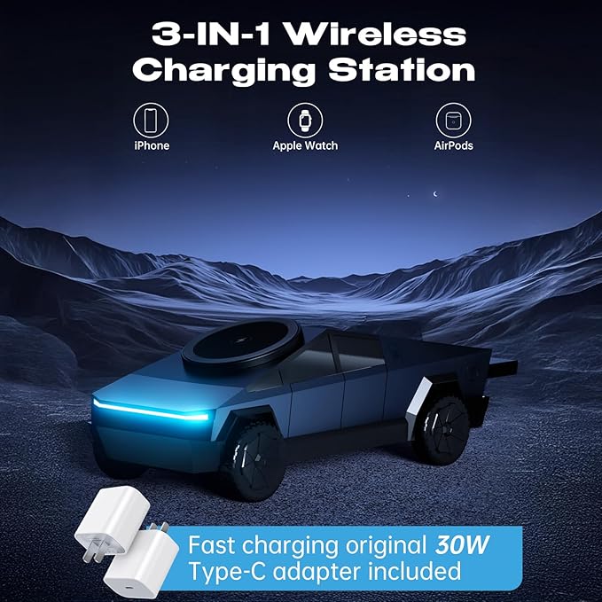 CyberDock 3-In-1 Wireless Charging Station Cybertruck 1:25 Scale Charger with Qi2 Certified 15W Charging for iPhone iWatch AirPod Magnetic Rotating Charger with Ambient Light 30W Adapter Deep Blue
