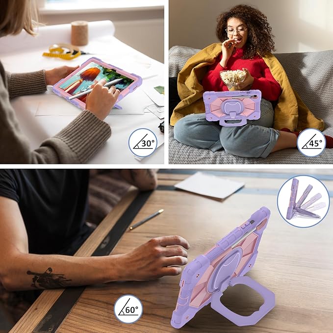 DreamerX for Samsung Galaxy Tab S10 Lite / S10 FE / S9 FE 10.9 Inch Case Samsung Tab S9 11 Inch Protective Cover Heavy Duty Shockproof Rugged Case with 360 Rotating Stand Shoulder Strap Purple Rose