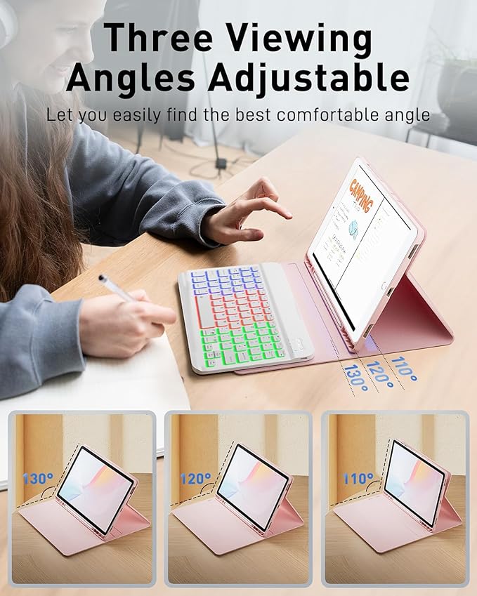 Case Keyboard for Samsung Galaxy Tab S10 Ultra / S9 Ultra / S8 Ultra 14.6 inch Cover - 7 Color Rainbow Change Backlit Detachable Magnetic Keyboard with S Pen Holder with Mouse - Pink