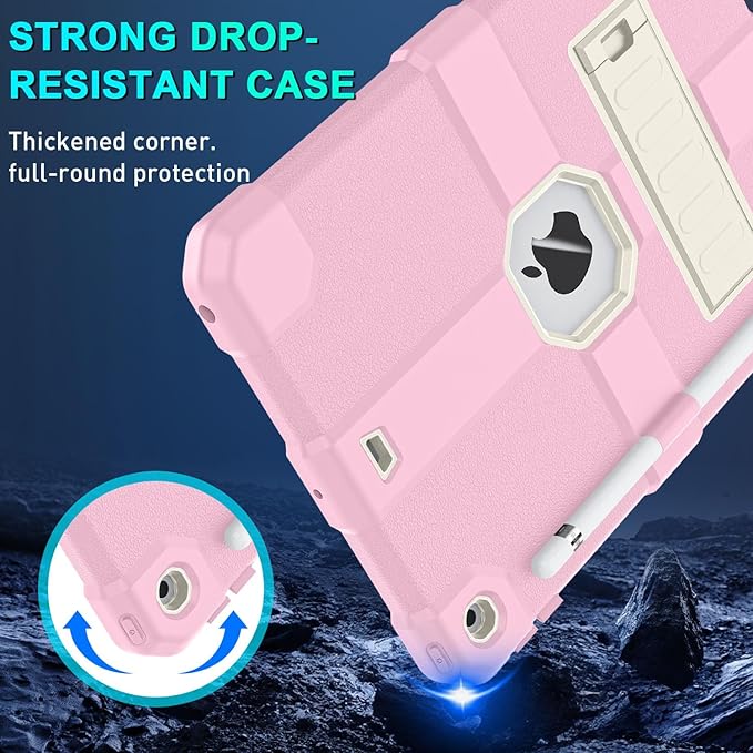 Case for iPad 9th/8th/7th Generation 2021/2020/2019(10.2 inch) Heavy Duty Shockproof Rugged Protective 10.2 Cover with Built-in Stand for iPad 9 8 7 Gen(Off-White+Pink)