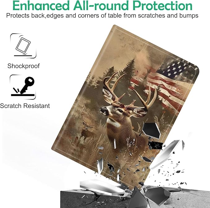 Compatible with iPad Air 13 inch Case (M3 2025 /M2 2024)/12.9 inch Case (6th/5th/4th/3rd 2022/2021/2020/2018) with Pencil HolderAuto Wake/Sleep Protect CoverVintage American Flag Elk Deer