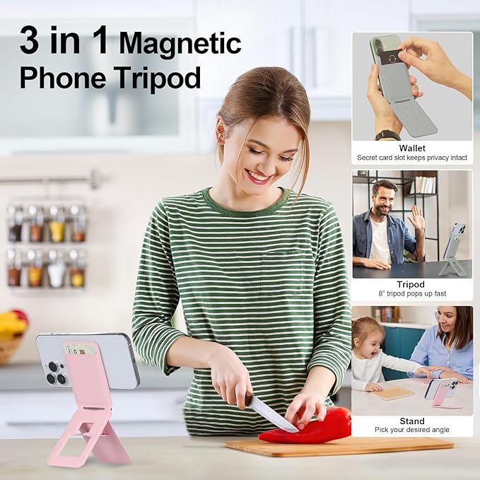 iontech Phone Stand Tripod Wallet Compatible with MagSafe iPhone 17/16/15/14/13/12 Series 3 in 1 Strong Magnetic Phone Holder Vegan Leather Wallet Lightweight &amp Adjustable Cell Phone Stand (Gre