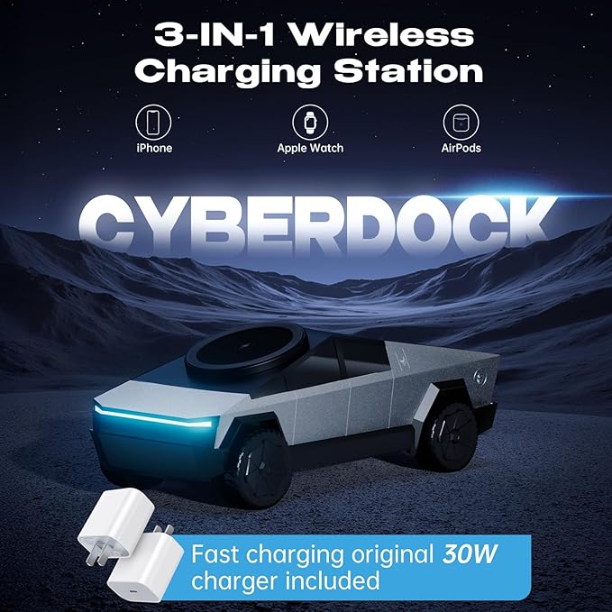 CyberDock 3-in-1 Wireless Charging Station Cybertruck 1:25 Scale Charger with Qi2 Certified 15W Charging for iPhone iWatch AirPods Magnetic Rotating Charger with Ambient Light 30W Adapter Sliver