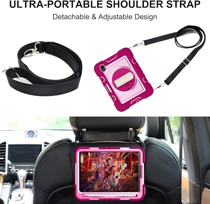 Shockproof Case for iPad mini 2024 (A17 Pro) iPad mini 6 2021 Cover with Shoulder Strap Techcircle Heavy Duty Rotating Kickstand Hand Strap Rugged Protective Case w/Pencil Holder Rose+Pink