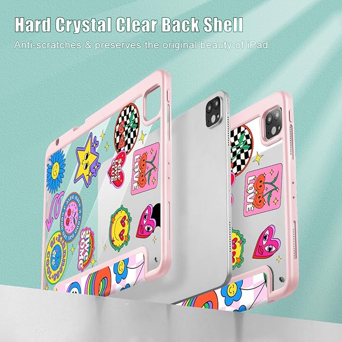 May Chen for iPad Pro 11 inch M2 4th Generation 2022 iPad Pro 11 3rd/2nd/1st Gen Built-in Pencil Holder with Shockproof Cover Clear Transparent Back Shell Auto Wake/Sleep Groovy