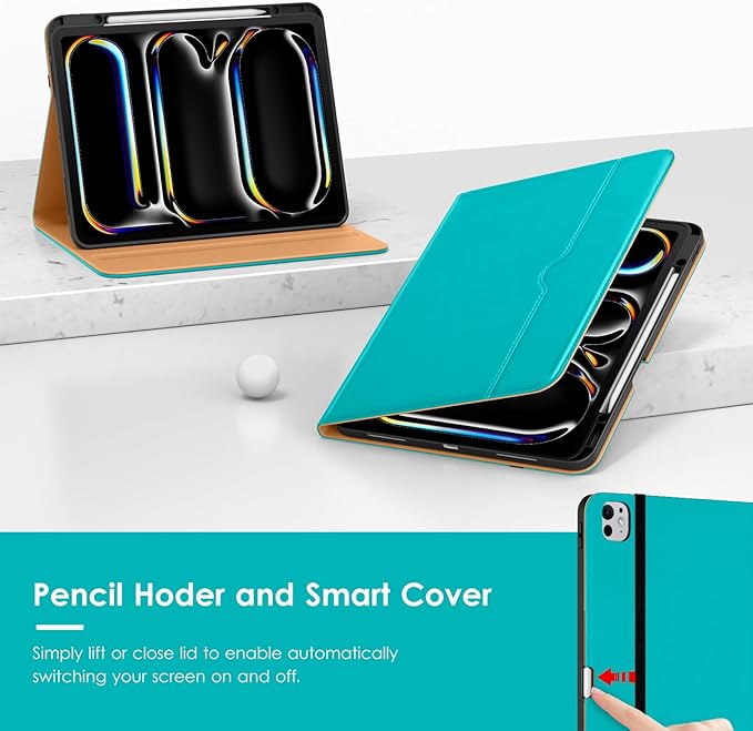 VIKESI Case for iPad Pro 13 (M4) 2024 Leather Stand Cover with Apple Pencil Holder Auto Wake/Sleep Multiple Viewing Angles Built in Hand Strap &amp Pocket Cyan Blue