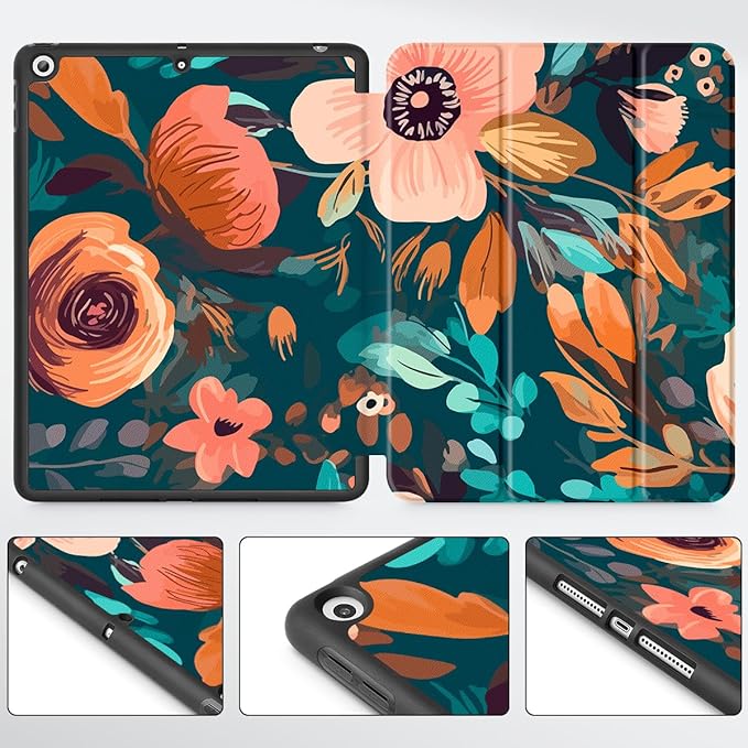 Mektron Designed Printed iPad 10.2 Case 9th Gen (2021)/ 8th Gen (2020)/ 7th Gen (2019) with Pencil Holder Slim Stand Protective Case with Soft TPU Back for iPad 10.2 Inch Abstract Florals