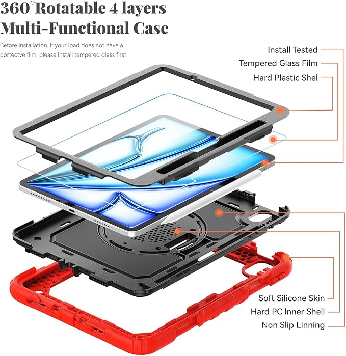 BLOSOMEET Construction Case for iPad Air 11 Inch 2025 M3 &amp 2024 M2 with Tempered Glass Screen Protector &amp Shoulder StrapProtective Cover with Stand Pencil Holder Hand Strap (Red)