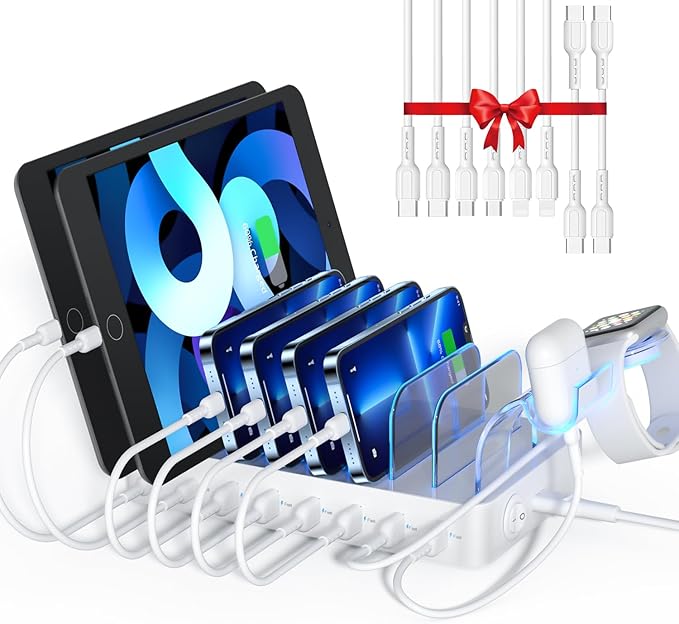 SooPii 8-Port USB-C Charging Station for Multiple Devices with 1 PD 20W Port Supports Fast Charging 8pcs Mixed Charging Cables and 1pcs Upgraded Holder for lWatch Charger &amp Air-Pods White