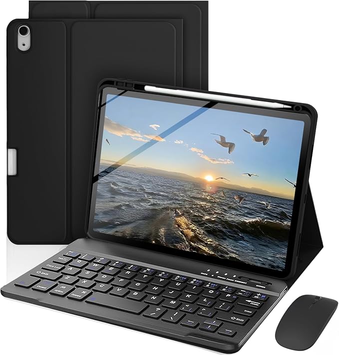 Keyboard Case for iPad mini A17 Pro 7th Generation 2024 / mini 6th Generation 2021 Mouse and Detachable Keyboard Adjustable Stand Built in Pencil Holder Auto-Sleep/Wake Feature Black