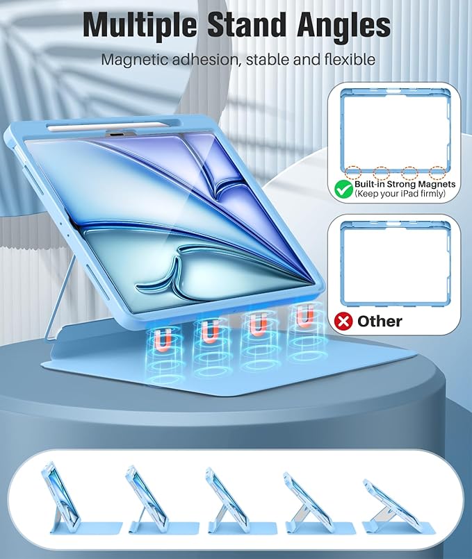 MoKo for iPad Air 13-Inch Case (M4/M3/M2) 2026/2025/2024 with Pencil Holder Heavy Duty 13 Inch iPad Air Case with Screen Protector Clear Back Lens Protector Multi-Angle Magnetic Stand Sunny Blue