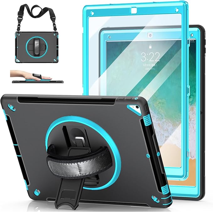 Case for iPad Pro 12.9 2nd Generation 2017&amp 2015 1st Generation Heavy Duty Rugged TPU Protective Cover with Screen Protector- Stand + Handle Hand &amp Shoulder Strap + Pencil Holder- Mint Green