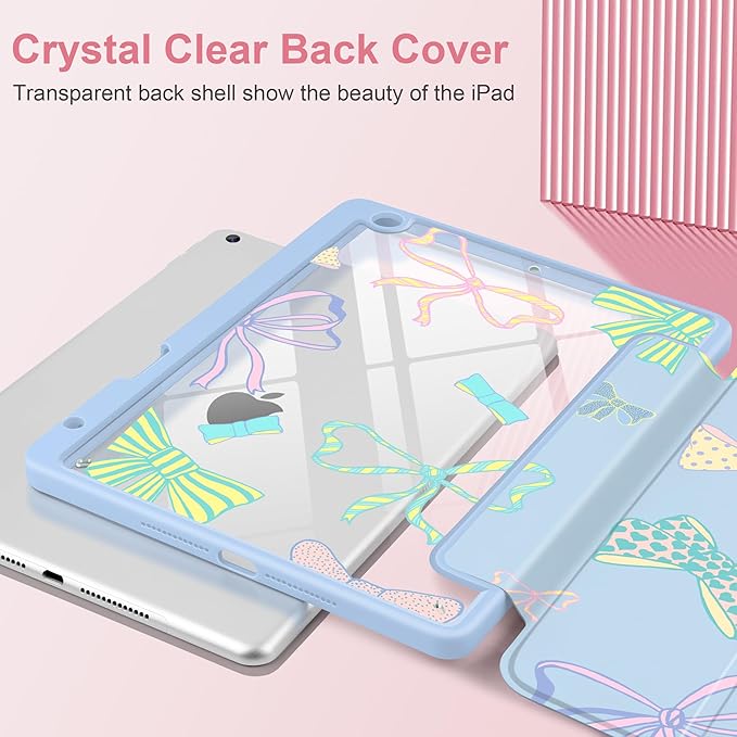 MEEgoodo Case for iPad 10.2 inchTablet Cases for iPad 9th Generation 2021/8th Gen 2020/7th Gen 2019 with Clear Acrylic Back Shell+Pencil Holder+Auto Wake/Sleep+Trifold StandHand Drawn Doodles &amp