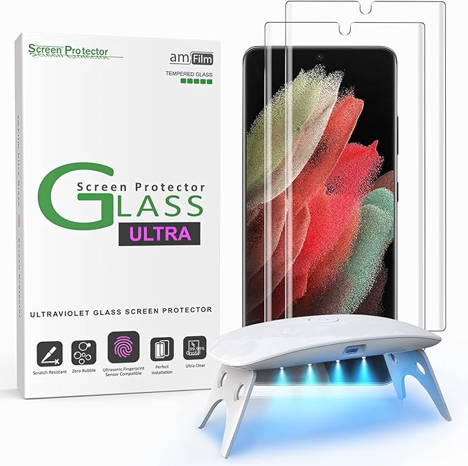 amFilm 3D Curved Screen Protector for Galaxy S21 Ultra 5G 6.8 Inch Fully Compatible with UltraSonic Fingerprint Scanner UV Gel Application Tempered Glass 2 Pack