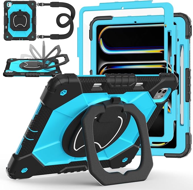 Case for iPad Pro 13 Inch M5 2025 / M4 2024 Auorld for iPad Pro 13 Inch M5 2025 with Screen Protector 360 Degree Rotating Stand Shoulder Strap Pencil Holder Black Blue