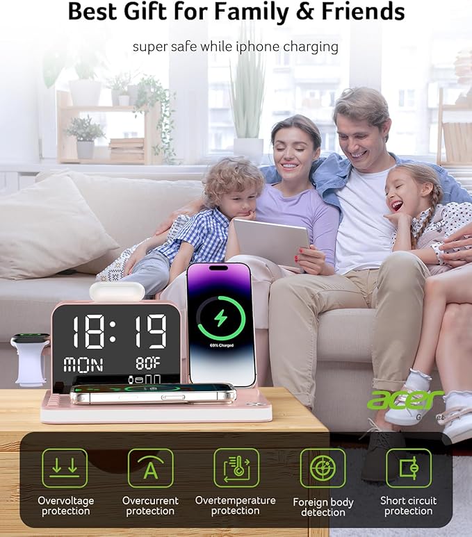 Acer 7-in-1 Wireless Charging Station with LED Clock - 30W Fast Wireless Charger for iPhone 16/15/14/13/12/Pro Max Apple Watch AirPods - Bluetooth Auto Time Sync &amp Night Lights (Pink)
