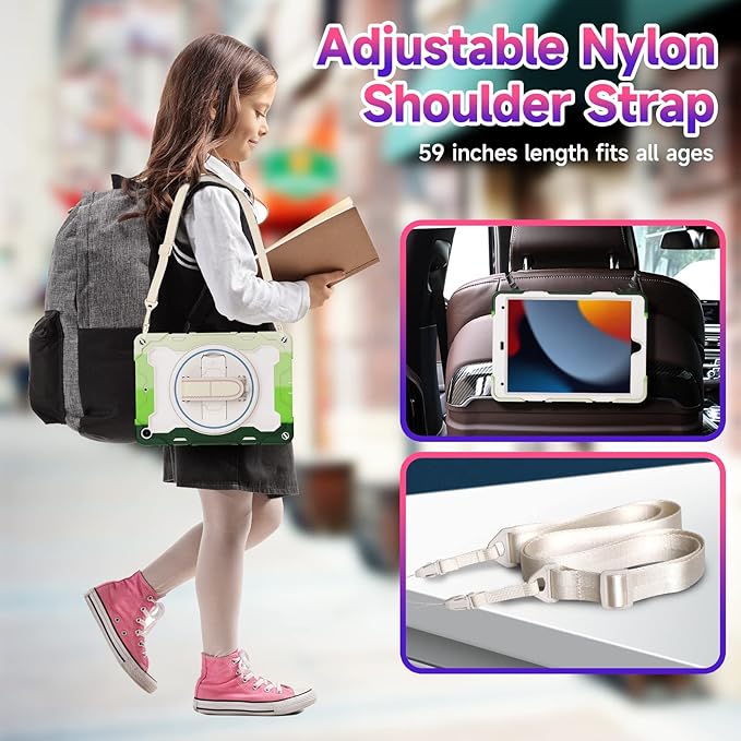 for iPad 9th 8th 7th Generation Case iPad 10.2 inch with HD Screen Protector 360 Rotating Kickstand/Hand Strap Shoulder Strap Heavy Duty Military Grade - Kids Friendly
