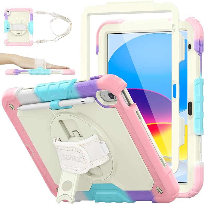 SEYMAC stock Case for iPad (A16) 11th/10th Generation 11''/10.9'' 2025/2022 Full-Body Drop Protection Case with Screen Protector &amp360° Rotate Hand Strap/Stand Yellowish+Pink