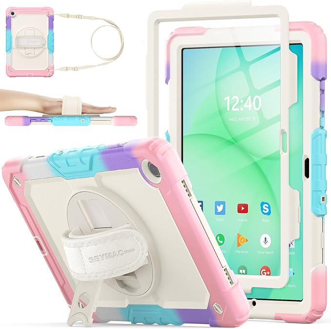 SEYMAC stock Case for Samsung Galaxy Tab A11+ Plus/A9+ Plus 11'' Full-Body Drop Protection Case with Screen Protector Pencil Holder [360° Rotating Hand Strap] &ampStand Yellowish+Pink
