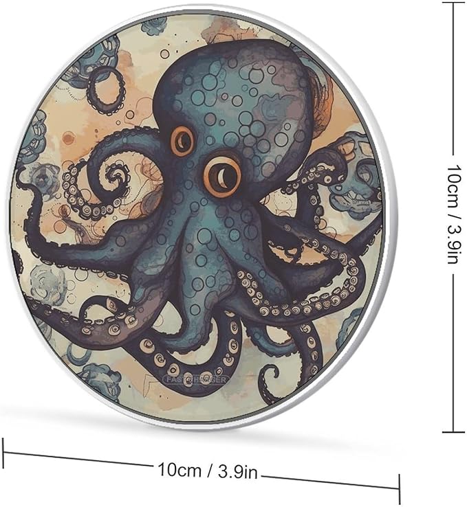 Retro Octopus Wireless Charger Fast Wireless Charging Pad with USB Cable 10W Anti-Slip Magnetic Wireless Charger Portable Slim Charger Puck Travel Charging Station