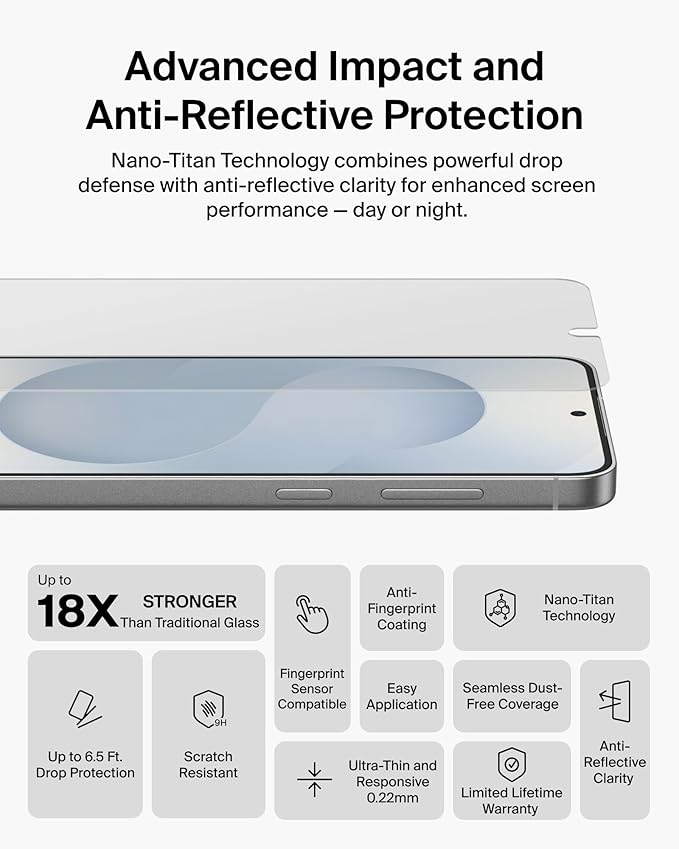 Belkin Titan SmartShield Anti-Reflective Screen Protector for Samsung Galaxy S26 Scratch Resistant Impact Protection Anti-Fingerprint Ultra-Thin w/Easy Align Tray for Bubble Free Application