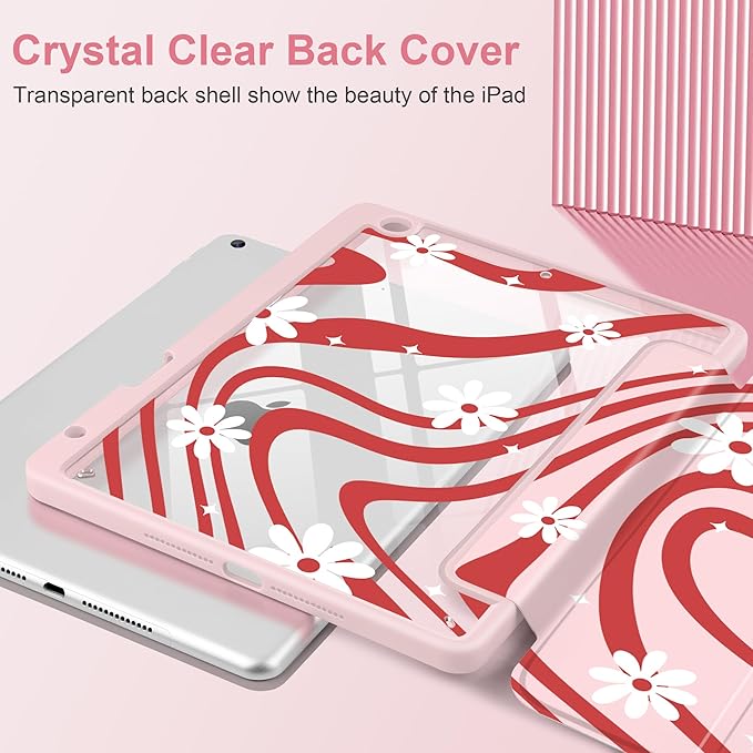 DONGKE for iPad 9th/8th/7th Generation Case 10.2 Inch (2021/2020/2019) [Auto Sleep/Wake &amp Pencil Holder] Clear Acrylic Back Trifold Stand Cover Swirl &amp Daisy
