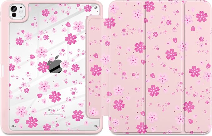 MecBevia Case for iPad Pro 11 inch M5 2025 / M4 2024 (6th/5th Gen) A3357 A3358 A3359 A2836 A2837 A3006 – Built-in Pencil Holder &amp Auto Wake/Sleep Pink Petals