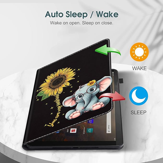 Case for Amazon Fire HD 10 Tablet (9th/7th/5th Generation2019/2017/2015 Release) Multi-Angle Smart Stand Cover Auto Sleep/Wake for Fire 10.1 InchCute Elephant and Sunflower